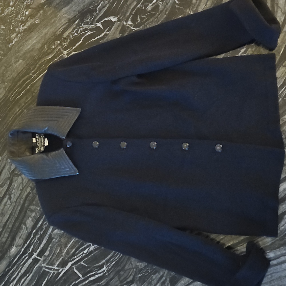 ST. JOHN COLLECTION: Black soft nappa leather collar wool blend jacket